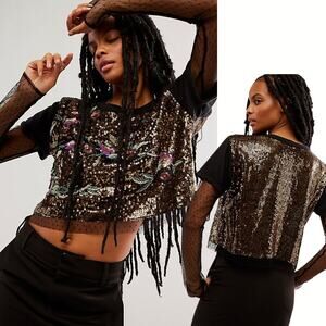 NEW Free People Life Of The Party Twofer Sequin T-Shirt Top Lace Black Size XS